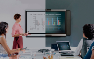 Team leader delivering a presentation on an interactive smartboard